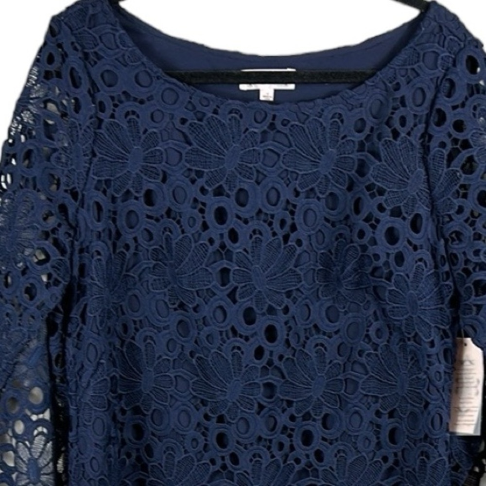 Nanette Lepore Dark Navy Crochet Eyelet Split Bell Sleeve Shift Dress Size 12 - Picture 4 of 10